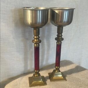 Vintage Brass and Red Candle Holders